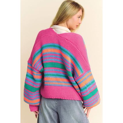 Rose Stripe Colorful Puff Sleeve Drop Shoulder Loose Cardigan
