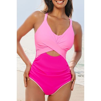 Rose Red Ric Rac Trim Contrasted Patchwork Cutout One Piece Swimsuit