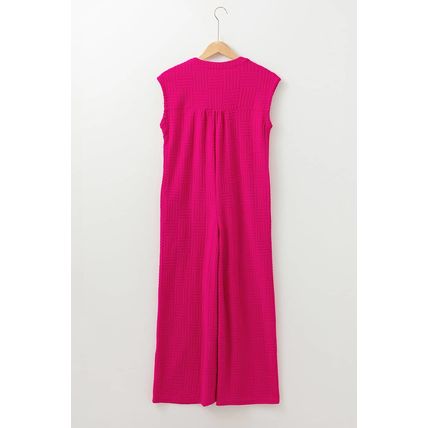 Bright Pink Terry Textured Sleeveless Button Front Wide Leg Jumpsuit