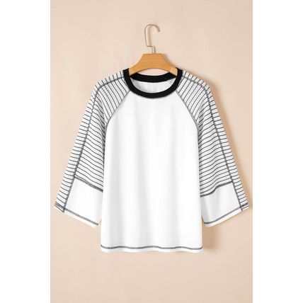 Black Striped Bracelet Sleeve Raglan Patchwork Top