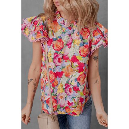 Multicolour Lace Trim Ruffle Short Sleeve Floral Blouse