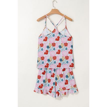 Multicolour Floral V Neck Cami Top and Ruffled Shorts Lounge Set