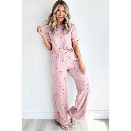 Pink Bow Knot Polka Dot Print Short Sleeve Top Lounge Set