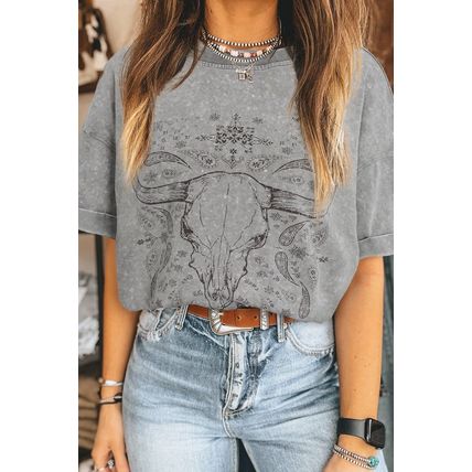 Light Grey Western Steer Head Tie Dye Print Crew Neck T Shirt