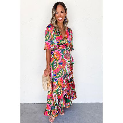 Rose Summer Plant Print Surpliced V Neck Ruffled Asymmetric Slit Wide Short Slee