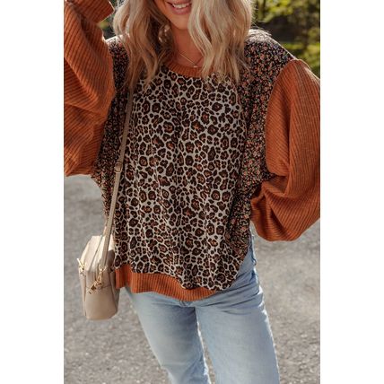 Brown Leopard Floral Print Ribbed Puff Sleeve Patchwork Loose Pullover