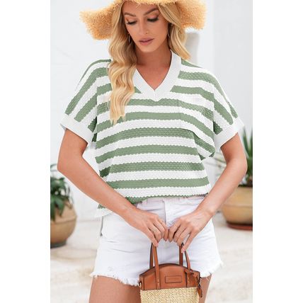 Green Stripe V Neck Short Sleeve Sweater with Side Slits