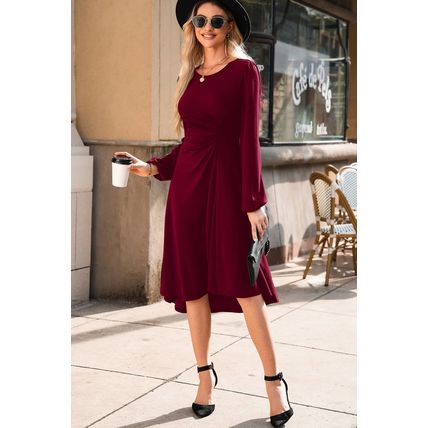 Burgundy Solid Color Ruched Detail Long Sleeve Midi Dress