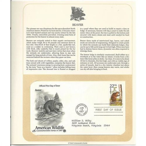 AMERICAN WILDLIFE ' OFFICIAL FIRST DAY of ISSUE ' BEAVER (1987)
