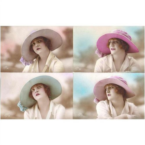 4 CARTES POSTALES - MODE - FEMME A CHAPEAU - REF 6