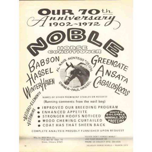mor milk company 1972 nobel horse conditioner 70th anniv vintage ad