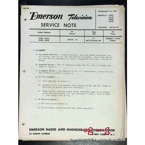 EMERSON 1951 TV model 676D 681D 686B 687B Television Service Note