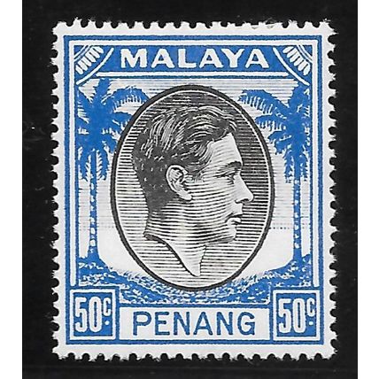 PENANG MALAYA 1949 KG6 50c SG19 19 SG BLACK BLUE MINT HINGED