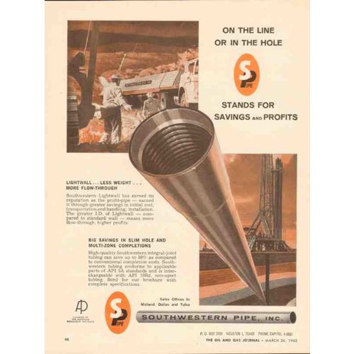 SOUTHWESTERN PIPE INC 1962 lightwall less weight more flow vintage ad