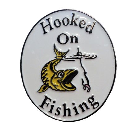 Hooked On Fishing Fish On Hook Rod Fisherman 30mm Metal Enamel Badge NEW