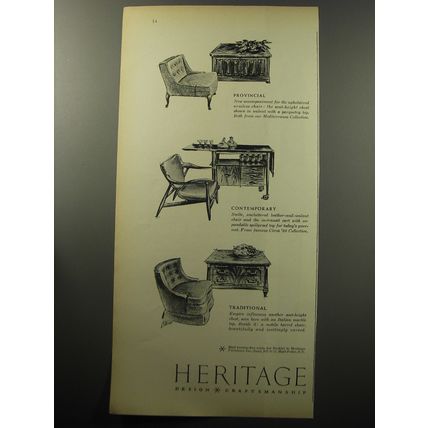 1957 Heritage Furniture Advertisement - Mediterranea, Circa '60 and Traditional