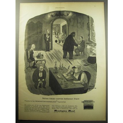 1957 Remington Rand Noiseless Typewriter Ad - Cartoon by Charles Addams
