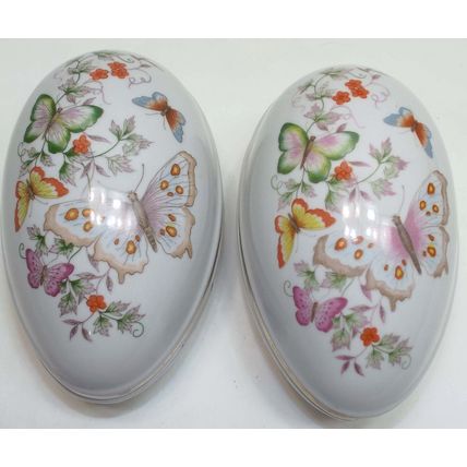 2 Mint 1974 Vintage AVON Japan Fine Porcelain Butterfly Fantasy Egg Trinket Box