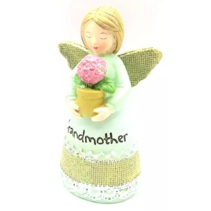 Grandmother Angel Figurine Wearing a Green Dress Holding a Pink Pot Plant Gift