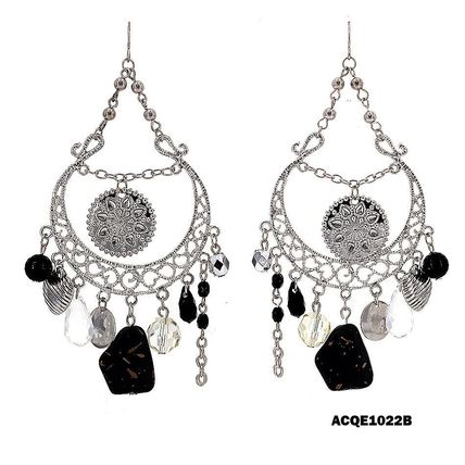 Chandlier Earrings w/ Dangling Stones - Black - ER-ACQE1022B