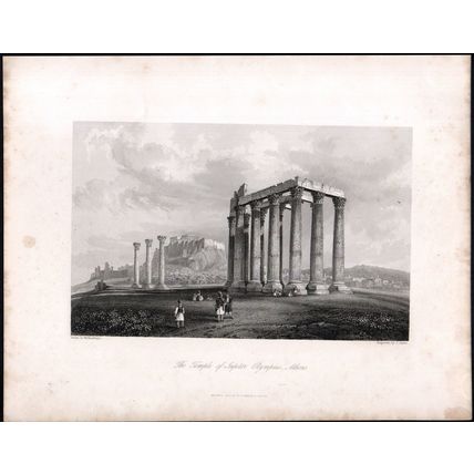 TEMPLE OF JUPITER OLYMPIAS, ATHENS 1842 Johann Wolfensberger ANTIQUE ENGRAVING