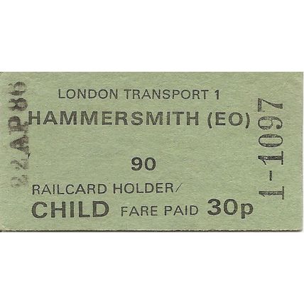London Transport Edmondson Ticket - Hammersmith (EO) - 30p.