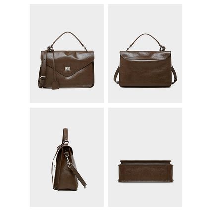 Genuine Leather Women Medium Top Handle Handbags Brown