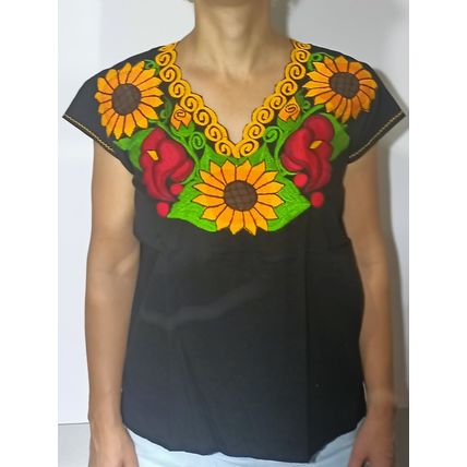 Sunflowers & Calla Lillies Embroidered Cotton Canvas Black Blouse Chiapas Mexico