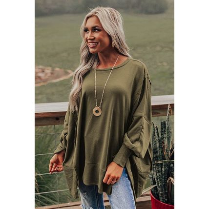 Green Patchwork Drop Shoulder Oversized Top
