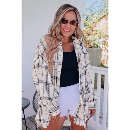 White Oversized Plaid Pattern Shacket with Slits