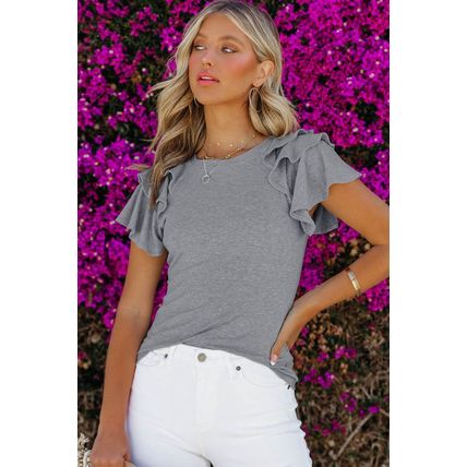 Gray Plain Tiered Ruffled Short Sleeve T Shirt