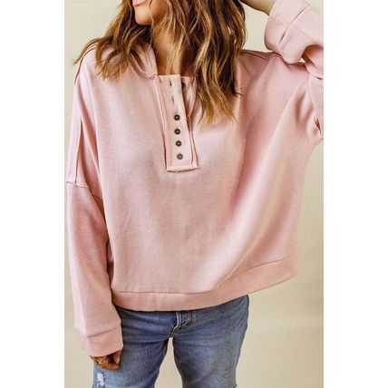 Pink Casual Button Solid Patchwork Trim Hoodie
