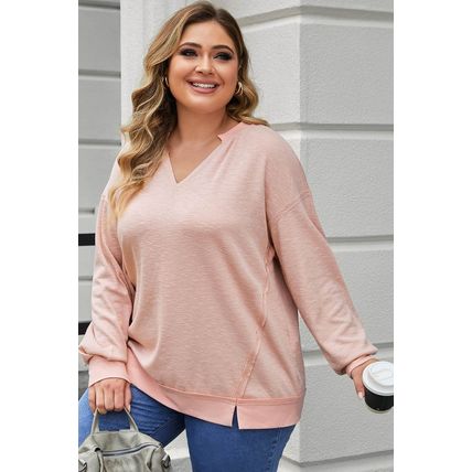 Pink Raw Cut Notched Neck Plus Size French Terry Hoodie