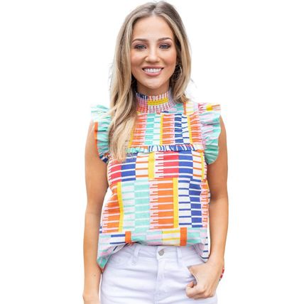 Multicolor Striped Print High Neck Flutter Top