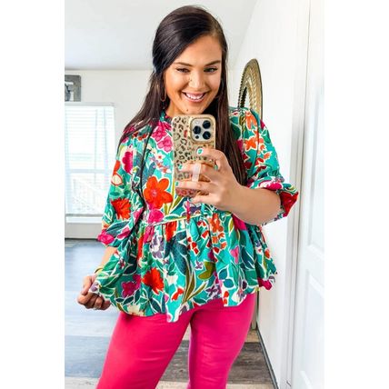 Multicolor Floral Tie Split Neck Plus Size Peplum Blouse