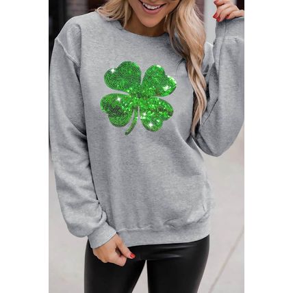 Gray Sequined Clover Patch St Patrick Fashion Sweatshirt