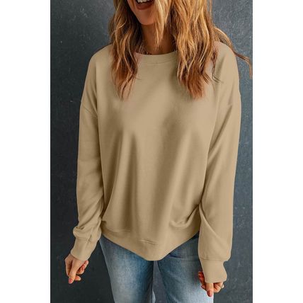 Khaki Solid Classic Crewneck Pullover Sweatshirt
