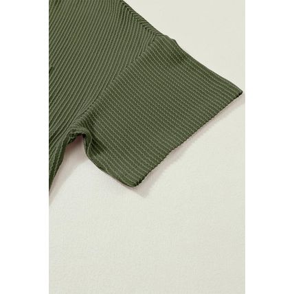 Jungle Green Corded V Neck Chest Pocket Loose T-shirt