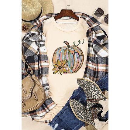 Khaki Pumpkin with Flower Graphic T Shirt