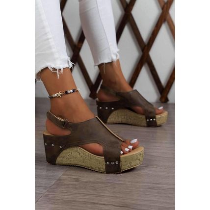 Chestnut Suede Patched Studded Cut Out Wedge Sandals