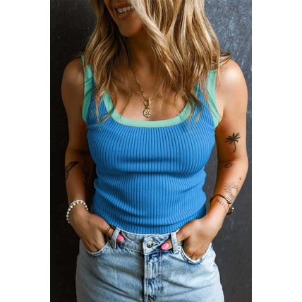 Blue Colorblock Edge Ribbed Knit U Neck Tank Top