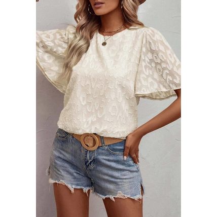 Beige Elegant Jacquard Butterfly Sleeve Blouse