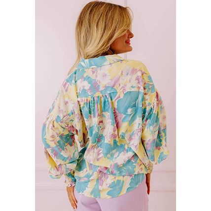 Yellow Floral Allover Print Shirred Cuff Oversized Shirt