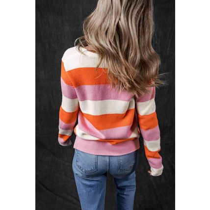 Orange Stripe Colorblock V Neck Casual Sweater