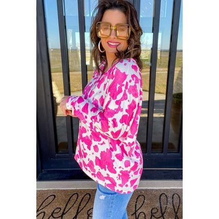 Rose Animal Print Long Sleeve V Neck Plus Size Top
