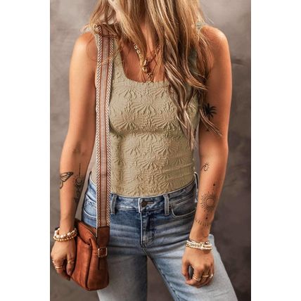 Smoke Gray Floral Jacquard Square Neck Tank Top