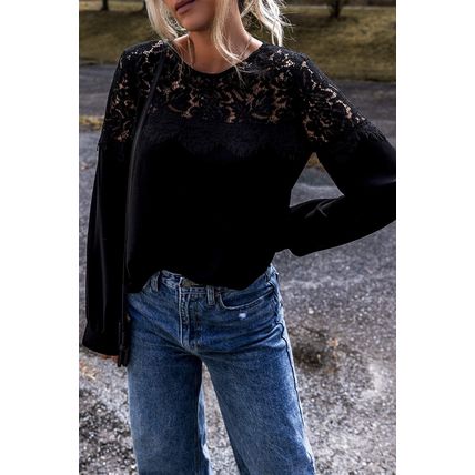 Black Lace Crochet Patchwork O Neck Long Sleeve Top