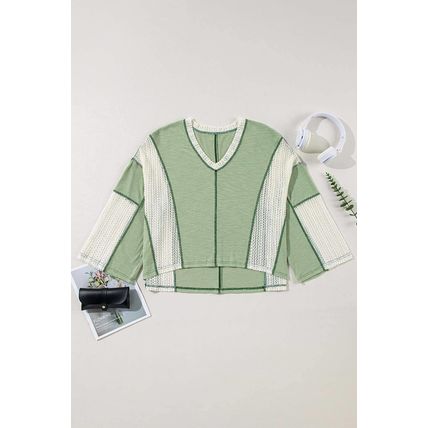 Grass Green Crochet Detail Exposed Seam High Low Loose Top