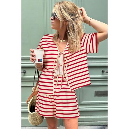 Red Stripe Lace-up Front Top and High Waist Shorts Set