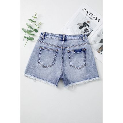 Beau Blue Pearl Studded Pockets Raw Hem Denim Shorts